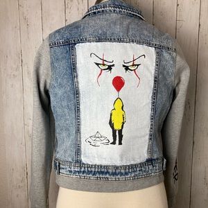 IT movie  Medium Wash Knit Sleeve Denim Jacket- Hand Painted